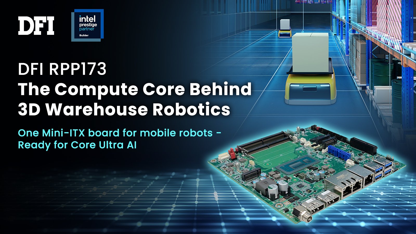 DFI RPP173 Mini-ITX motherboard powering a 3D warehouse AMR robot