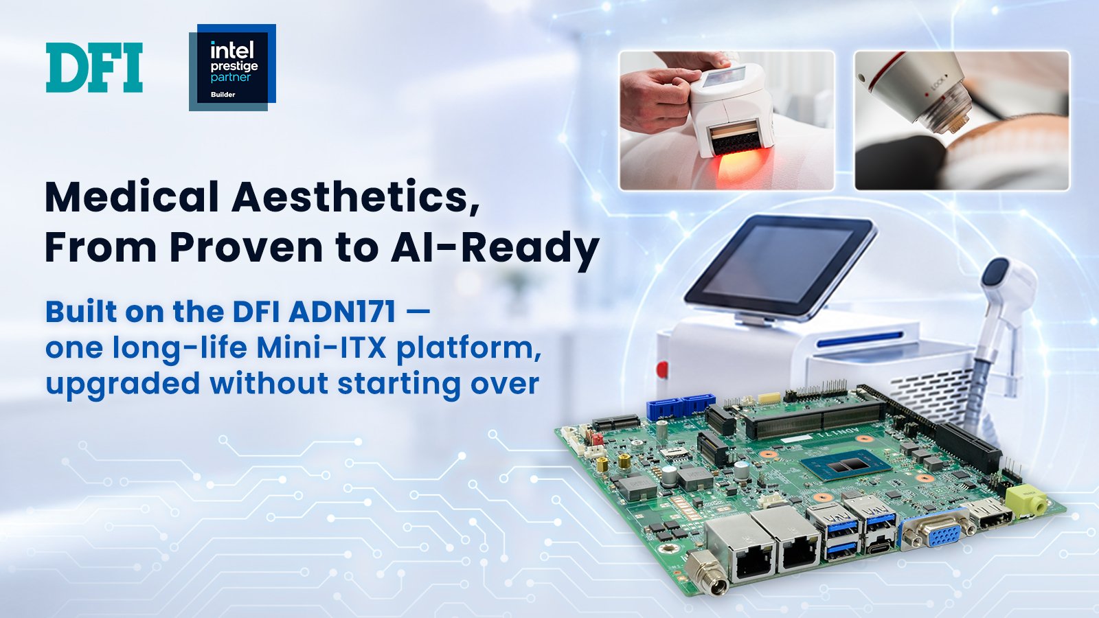 DFI ADN171 Alder Lake-N motherboard as the edge-AI compute platform inside a medical-aesthetic laser system.